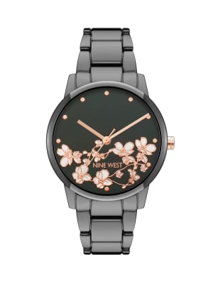 Gunmetal Round Watch with Floral Pattern